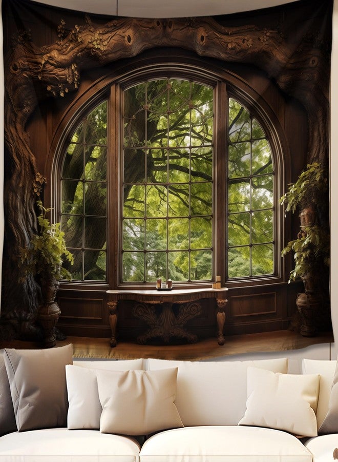 QGHOT Forest Window Tapestry, Nature Outdoor Tapestry Wall Hanging Woodland Scene Large Wall Mural for Bedroom Living Room Office Decor 90x70in - Image 1